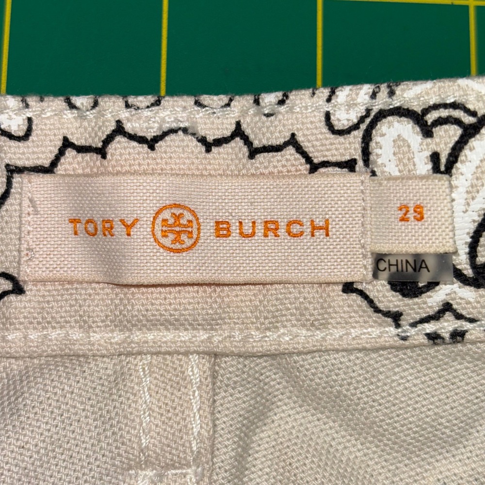 Tory Burch Bandana Paisley Print Straight Leg Pants Cream Black Size 29 - Picture 3 of 13